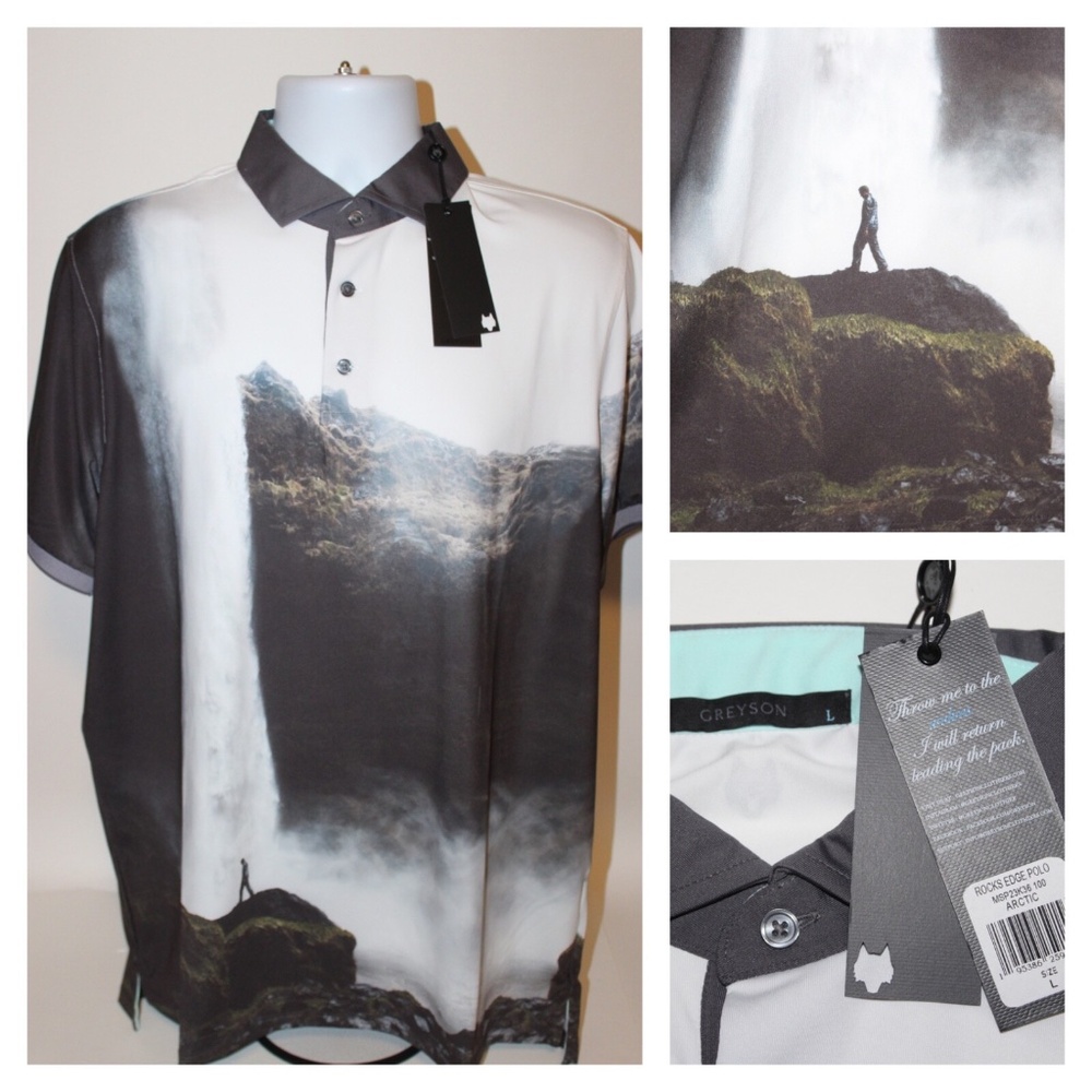 Greyson Golf Arctic Rocks Edge Polo Shirt Waterfall Print Mens Size L $118 NEW
